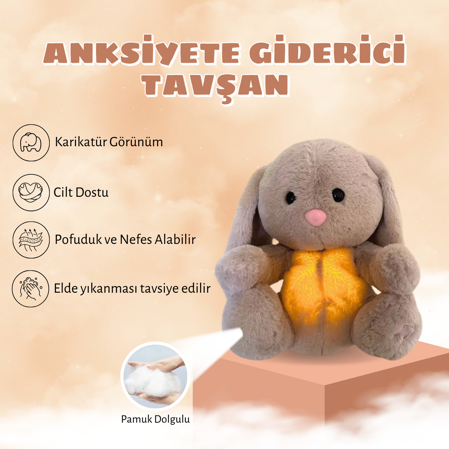 Nefes Alan Uyku Arkadaşı Tavşan, Işıklı ve Müzikli Peluş Uyku Yardımcısı